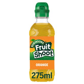 A 275ml bottle of Robinsons Fruit Shoot Orange, a refreshing orange drink with a green cap and clear label, perfect for energizing every sip.